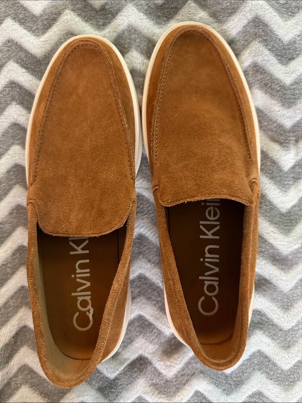Calvin Klein Men's Suede Slip-On Loafers in Tan Brown with White Sole